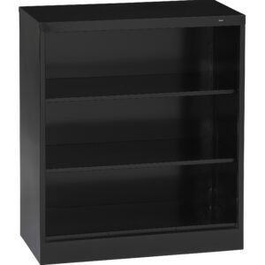 A black, three-shelf metal bookcase with a minimalist design. The bookcase has an open front and a flat top, suitable for office or home storage.