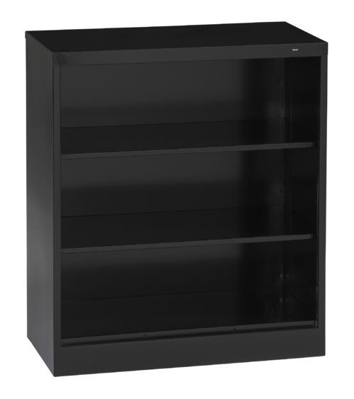 A black, three-shelf metal bookcase with a minimalist design. The bookcase has an open front and a flat top, suitable for office or home storage.