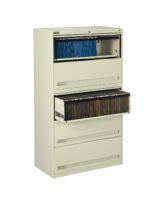 A beige vertical filing cabinet with four drawers is shown. The top and third drawers are open, revealing blue and brown hanging file folders respectively. The second and bottom drawers are closed.