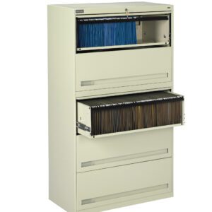 A beige vertical filing cabinet with four drawers is shown. The top and third drawers are open, revealing blue and brown hanging file folders respectively. The second and bottom drawers are closed.