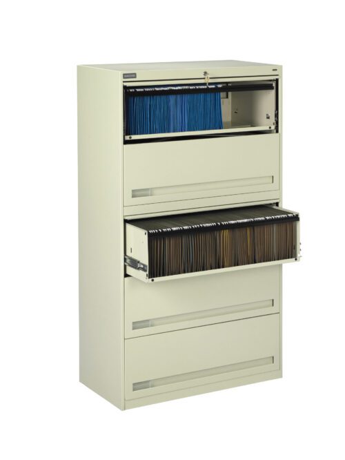 A beige vertical filing cabinet with four drawers is shown. The top and third drawers are open, revealing blue and brown hanging file folders respectively. The second and bottom drawers are closed.