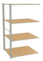 A metal shelving unit with four wooden shelves, shown against a white background. The frame is silver with multiple holes for adjustable shelf heights.