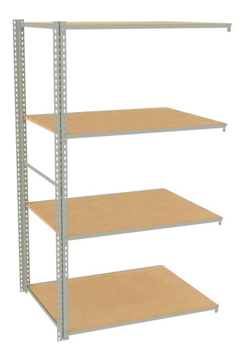 A metal shelving unit with four wooden shelves, shown against a white background. The frame is silver with multiple holes for adjustable shelf heights.