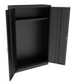 Black metal storage cabinet with two open doors, revealing a spacious interior and adjustable shelf brackets. The cabinet has a sleek, minimalist design and a sturdy build. A lock and handle are visible on the right door.