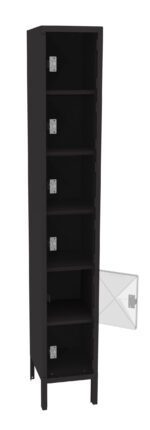 Black, tall, rectangular storage locker with multiple compartments. One door is open, revealing interior shelves. The design is minimalist and functional.