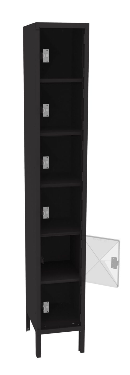 u7sqzupjv0iyxcw9dbxk.jpg Black, tall, rectangular storage locker with multiple compartments. One door is open, revealing interior shelves. The design is minimalist and functional.