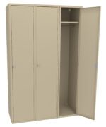Three beige metal lockers are shown, with the locker on the right open. Inside, there is a hanging rod and an empty space. The other two lockers are closed.