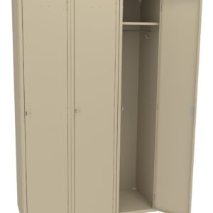 Three beige metal lockers are shown, with the locker on the right open. Inside, there is a hanging rod and an empty space. The other two lockers are closed.