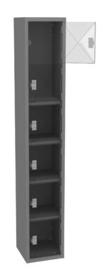 A tall, gray metal storage cabinet with five shelves and an open door at the top.