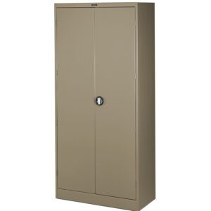 A tall, beige metal storage cabinet with two closed doors and a round lock in the center. The cabinet has a simple design with a smooth surface and stands on a flat bottom.