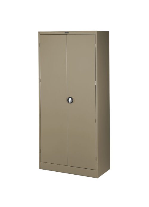 u87labxqajitm6mncv9y.jpg A tall, beige metal storage cabinet with two closed doors and a round lock in the center. The cabinet has a simple design with a smooth surface and stands on a flat bottom.