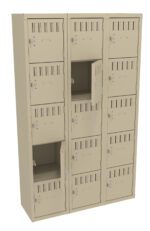 A beige metal locker unit with three columns and five rows, featuring individual compartments. Two doors are open, showing the empty interior. Each compartment has ventilation slots and a lock mechanism.