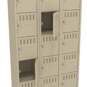 A beige metal locker unit with three columns and five rows, featuring individual compartments. Two doors are open, showing the empty interior. Each compartment has ventilation slots and a lock mechanism.
