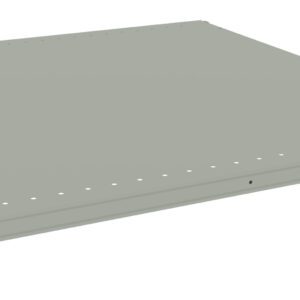 A large, flat metal shelf with holes along the edges, designed for a shelving unit or industrial storage system. The shelf is rectangular and rests on small brackets at each corner.