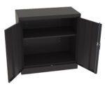A black metal cabinet with two open doors, revealing two shelves inside. The cabinet has a simple, industrial design and is empty.
