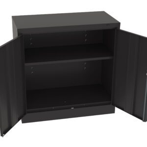 A black metal cabinet with two open doors, revealing two shelves inside. The cabinet has a simple, industrial design and is empty.