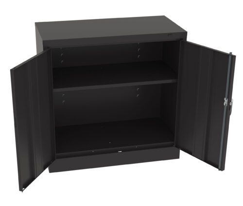 A black metal cabinet with two open doors, revealing two shelves inside. The cabinet has a simple, industrial design and is empty.