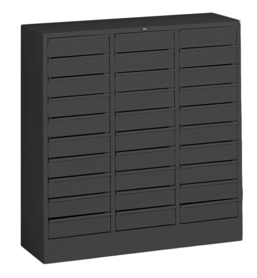 A black, industrial-style cabinet with 30 small drawers arranged in six vertical columns. Each drawer has a small handle, and the cabinets surface is smooth and matte.