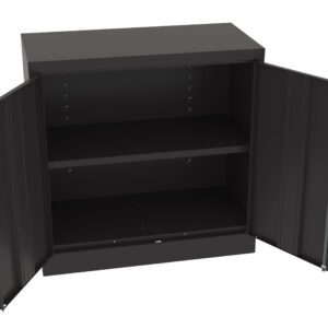 Black metal storage cabinet with two open doors, revealing two shelves inside. The cabinet is empty and has a plain design, suitable for office or industrial use.
