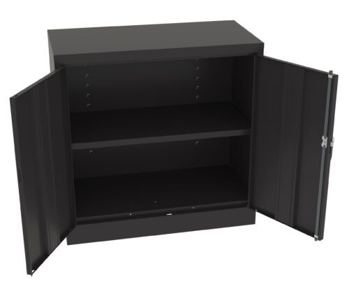 Black metal storage cabinet with two open doors, revealing two shelves inside. The cabinet is empty and has a plain design, suitable for office or industrial use.