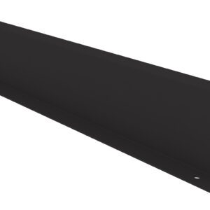 A black, rectangular metal bracket with two holes on each end, designed for mounting or support. Its sleek, simple design is suitable for various applications in construction or furniture assembly.