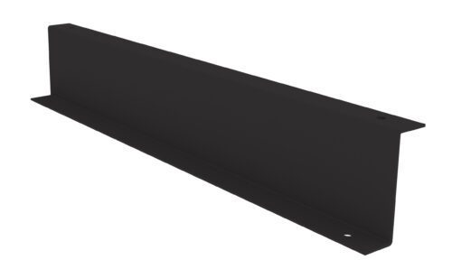 A black, rectangular metal bracket with two holes on each end, designed for mounting or support. Its sleek, simple design is suitable for various applications in construction or furniture assembly.