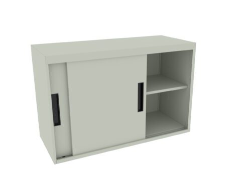 A minimalist beige storage cabinet with two sliding doors. One door is partially open, revealing a shelf inside. The cabinet features simple black handles and a clean, modern design.