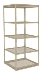 A tall beige metal shelving unit with five perforated shelves. The design is open-sided, showing the structural frame and adjustable shelving options, suitable for storage purposes.