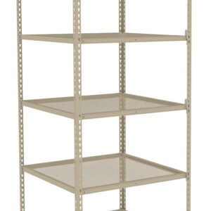 A tall beige metal shelving unit with five perforated shelves. The design is open-sided, showing the structural frame and adjustable shelving options, suitable for storage purposes.