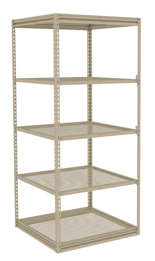 A tall beige metal shelving unit with five perforated shelves. The design is open-sided, showing the structural frame and adjustable shelving options, suitable for storage purposes.
