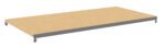 A rectangular wooden shelf with a metal frame, viewed from an angle. The shelf is light brown and the frame is gray. The design is simple and minimalist, suitable for various storage purposes.