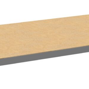 A rectangular wooden shelf with a metal frame, viewed from an angle. The shelf is light brown and the frame is gray. The design is simple and minimalist, suitable for various storage purposes.