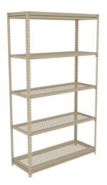 A five-tier beige metal shelving unit with perforated shelves, standing on a white background. The frame features evenly spaced holes for adjustable shelving. The unit is empty, showcasing its storage capacity.
