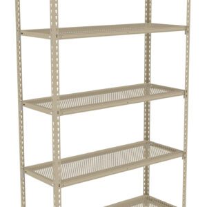 A five-tier beige metal shelving unit with perforated shelves, standing on a white background. The frame features evenly spaced holes for adjustable shelving. The unit is empty, showcasing its storage capacity.