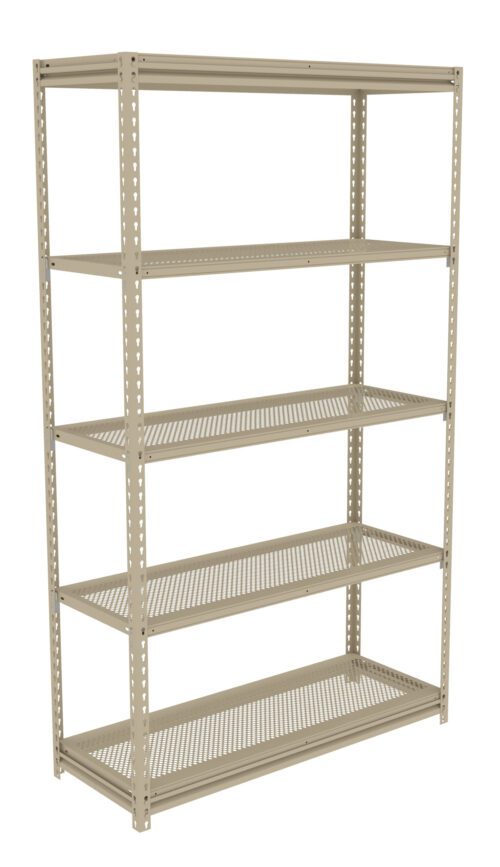 A five-tier beige metal shelving unit with perforated shelves, standing on a white background. The frame features evenly spaced holes for adjustable shelving. The unit is empty, showcasing its storage capacity.