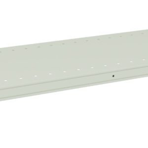 A long, light green metal shelving panel with small holes along its edge. It has two gray brackets on each end for mounting. The panel is shown against a plain white background.