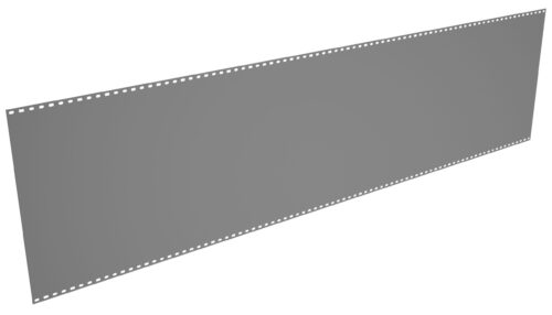 A long, blank gray filmstrip with small perforations along the top and bottom edges. The strip is angled slightly, creating a sense of depth. The background is plain white.