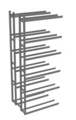 Side view of a set of metallic warehouse cantilever racks with multiple horizontal arms extending outward. The structure consists of vertical columns with evenly spaced arms for storage, made of gray metal.