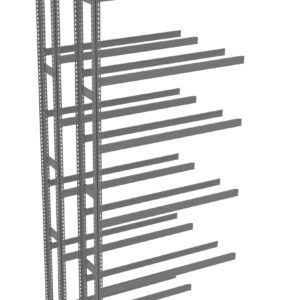 Side view of a set of metallic warehouse cantilever racks with multiple horizontal arms extending outward. The structure consists of vertical columns with evenly spaced arms for storage, made of gray metal.