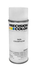 A can of spray paint labeled Precision Color with Champagne indicated as the color. The label warns of flammable and harmful vapors. The net weight is 4.5 oz (127 g).