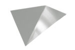 A geometric 3D triangle shape with a metallic appearance, featuring a smooth, reflective surface. The object is positioned on a subtle gradient background, casting a faint shadow to the right.