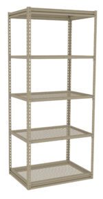 A metal storage shelf unit with five perforated shelves and a beige finish. The sturdy frame features vertical supports and evenly spaced shelves, suitable for organizing various items in a garage or warehouse setting.