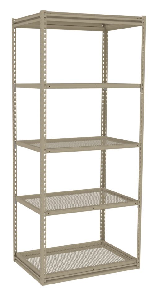 A metal storage shelf unit with five perforated shelves and a beige finish. The sturdy frame features vertical supports and evenly spaced shelves, suitable for organizing various items in a garage or warehouse setting.