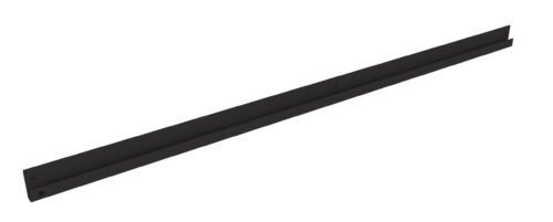 A long, slim black metal bracket with a right-angled edge, featuring two mounting holes on each end. The surface is smooth and appears matte, likely used for structural support or mounting purposes in various applications.