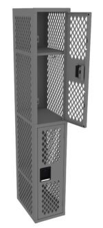 Open gray metal locker with a perforated design. It has an open door, showing interior shelves suitable for storage. The locker features a lock and ventilation holes for air circulation.