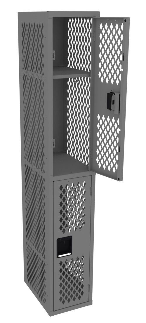 Open gray metal locker with a perforated design. It has an open door, showing interior shelves suitable for storage. The locker features a lock and ventilation holes for air circulation.