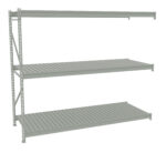 A simple, three-tiered, metal storage shelf with horizontal slats. Its freestanding with a light grey color and no items placed on the shelves.