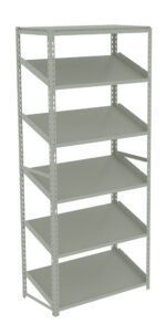A tall, empty metal shelving unit with five adjustable shelves, designed for storage. The structure is light gray and has a minimalist, industrial style, suitable for a garage or warehouse environment.