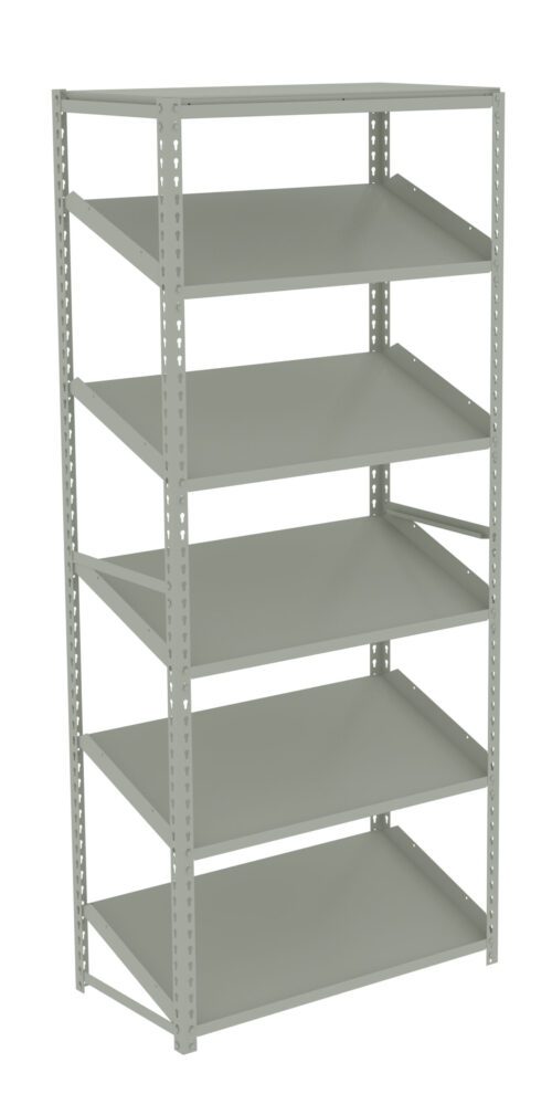 uexvdyr6zf8cwfvivkc5.jpg A tall, empty metal shelving unit with five adjustable shelves, designed for storage. The structure is light gray and has a minimalist, industrial style, suitable for a garage or warehouse environment.