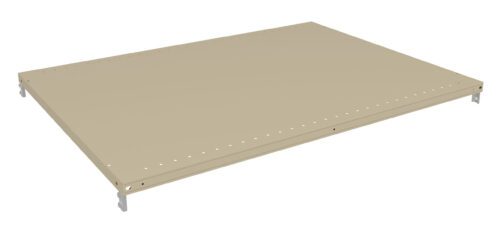 Beige rectangular metal shelf with perforated edges and mounting brackets at the corners. The design suggests it is a component for storage or racking systems.